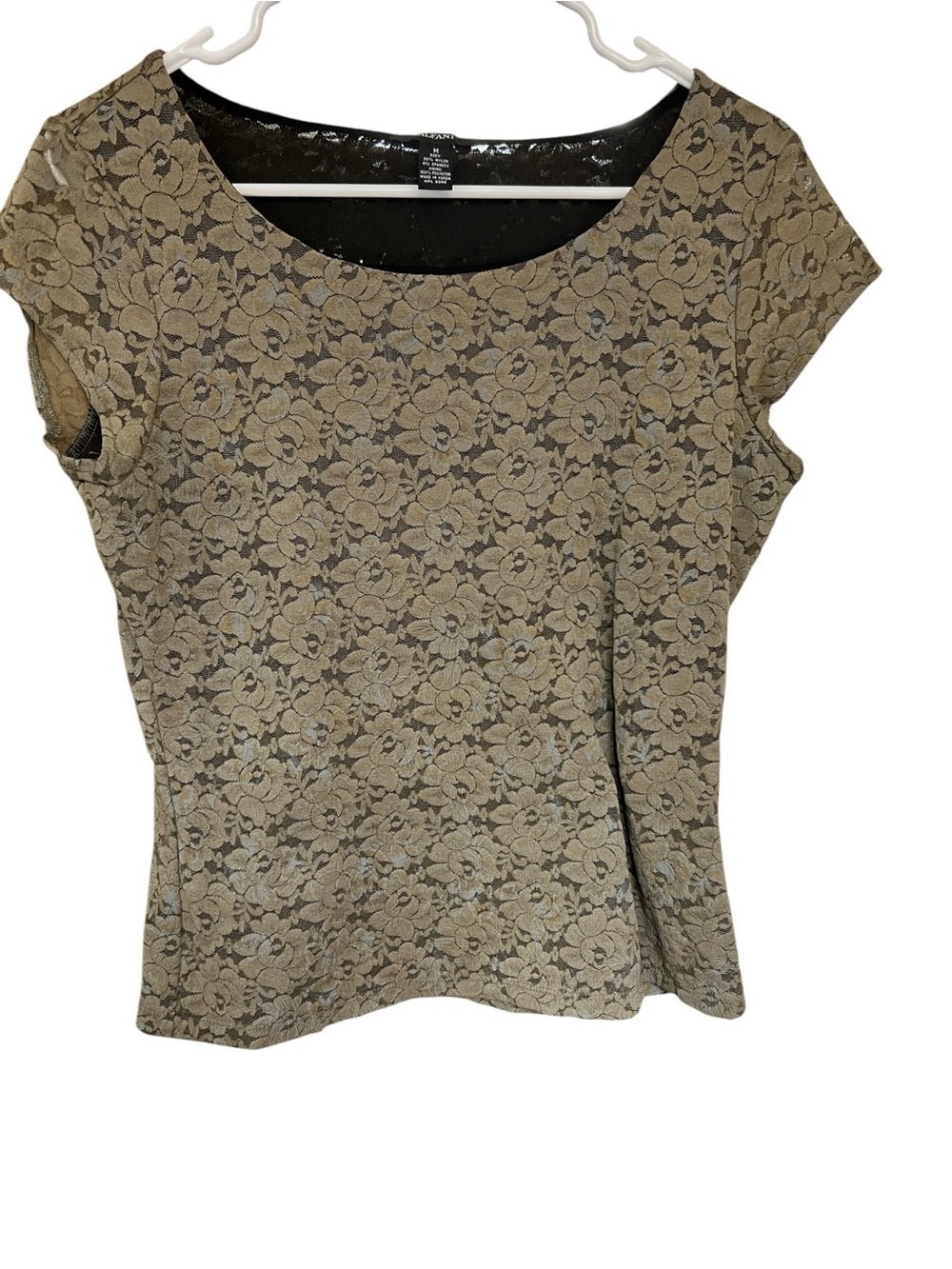 Alfani Olive Lace Short Sleeve Scoop Neck Top